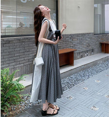 チェック柄切替 フェイクレイヤード レディース ロングAラインワンピース