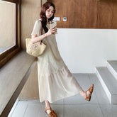 フレンチ刺繍レース切替 フェイクレイヤード レディース ロングワンピース