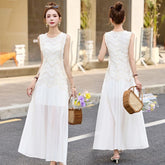 ホワイト レースパネル ノースリーブ レディース ロングワンピース