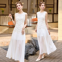 ホワイト レースパネル ノースリーブ レディース ロングワンピース