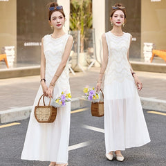 ホワイト レースパネル ノースリーブ レディース ロングワンピース