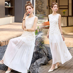 ホワイト レースパネル ノースリーブ レディース ロングワンピース