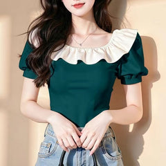 高級感 カラーブロック×フリル デザイン レディース シルエット 半袖トップス