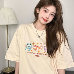 キティプリント×ルーズシルエット レディース 綿素材 こだわりデザイン Tシャツ トップス