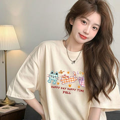 キティプリント×ルーズシルエット レディース 綿素材 こだわりデザイン Tシャツ トップス