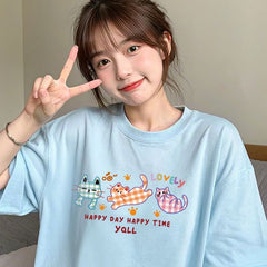 キティプリント×ルーズシルエット レディース 綿素材 こだわりデザイン Tシャツ トップス