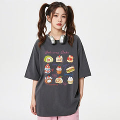 デザートプリント×ルーズシルエット レディース 半袖Tシャツ 夏用 かわいいスイーツデザイン トップス