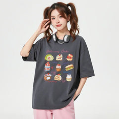 デザートプリント×ルーズシルエット レディース 半袖Tシャツ 夏用 かわいいスイーツデザイン トップス