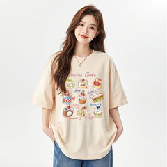 デザートプリント×ルーズシルエット レディース 半袖Tシャツ 夏用 かわいいスイーツデザイン トップス
