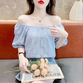 オフショルダー×パフスリーブ デザイン 半袖レディース トップス