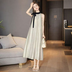 エレガント フレンチ ネックリボン ノースリーブ レディース ワンピース