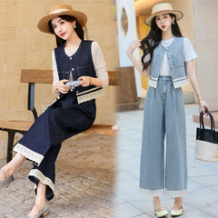 デニムベスト&ゆったりワイドパンツレディース セットアップ