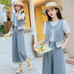 デニムベスト&ゆったりワイドパンツレディース セットアップ