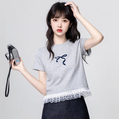 グレーレース×半袖 リボンプリント レディース トップス