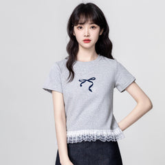 グレーレース×半袖 リボンプリント レディース トップス