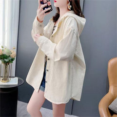 無地 デザイン性 フード付きロンゲスリーブ 薄手カーディガン レディース トップス