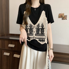 半袖 ニットミックス フェイクツーセット Tシャツ レディース トップス