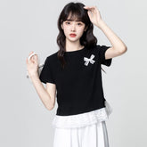 ブラック×半袖 リボンデザイン レースフリル レディース トップス