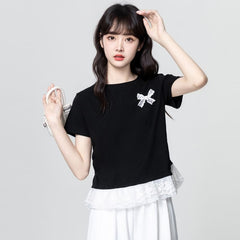 ブラック×半袖 リボンデザイン レースフリル レディース トップス