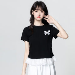 ブラック×半袖 リボンデザイン レースフリル レディース トップス