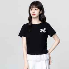 ブラック×半袖 リボンデザイン レースフリル レディース トップス