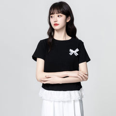 ブラック×半袖 リボンデザイン レースフリル レディース トップス