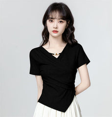 3色×半袖|Vネック切り抜き アシンメトリー シルエットTシャツ レディース トップス