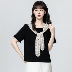 ブラック×半袖 ツーウェイ レース&リボンデザイン ショート丈 レディース トップス