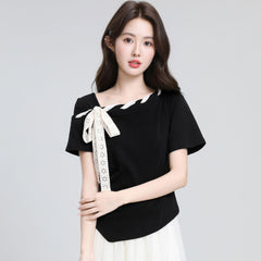 肩ボウタイリボン結びデザイン 斜めネック 半袖 レディース トップス