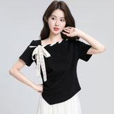 肩ボウタイリボン結びデザイン 斜めネック 半袖 レディース トップス