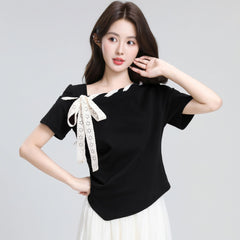 肩ボウタイリボン結びデザイン 斜めネック 半袖 レディース トップス