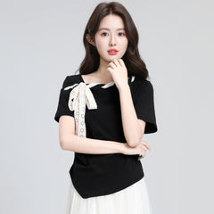 肩ボウタイリボン結びデザイン 斜めネック 半袖 レディース トップス