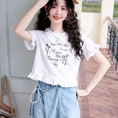 レタープリント レースフリル袖口・裾 半袖Tシャツ レディース トップス