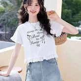 レタープリント レースフリル袖口・裾 半袖Tシャツ レディース トップス