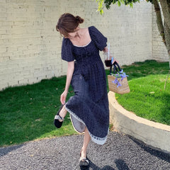 ランタンスリーブ レース付き シェイプアップ レディース ロングワンピース