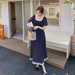 ランタンスリーブ レース付き シェイプアップ レディース ロングワンピース