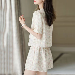 Vネックフラワープリントのハイウエストワイドショートパンツ レディース セットアップ