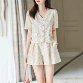 Vネックフラワープリントのハイウエストワイドショートパンツ レディース セットアップ