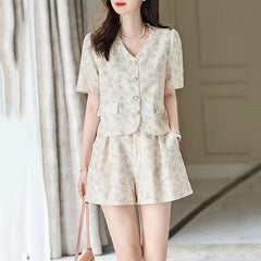 Vネックフラワープリントのハイウエストワイドショートパンツ レディース セットアップ