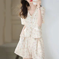 Vネックフラワープリントのハイウエストワイドショートパンツ レディース セットアップ