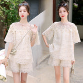 レース&オープンワーク 半袖シャツ&ショートパンツ レディース セットアップ