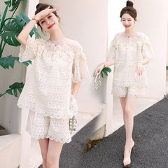 レース&オープンワーク 半袖シャツ&ショートパンツ レディース セットアップ