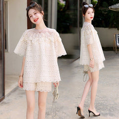 レース&オープンワーク 半袖シャツ&ショートパンツ レディース セットアップ