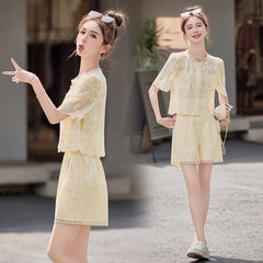 レース&オープンワーク 半袖トップス&ショートパンツ レディース セットアップ