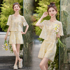 レース&オープンワーク 半袖トップス&ショートパンツ レディース セットアップ