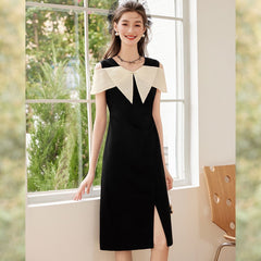 オフショルダーVネック パネル拼接スリット ミディ レディース ワンピース