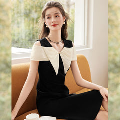 オフショルダーVネック パネル拼接スリット ミディ レディース ワンピース