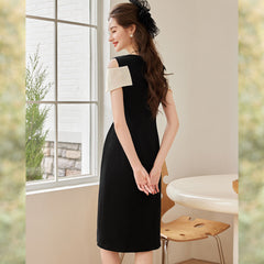 オフショルダーVネック パネル拼接スリット ミディ レディース ワンピース