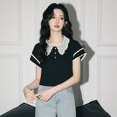 ブラック×半袖 ポロシャツ レースカラー レディース トップス