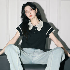 ブラック×半袖 ポロシャツ レースカラー レディース トップス